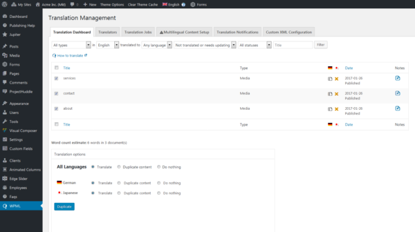 WordPress Translation Connector - Select content and Languages